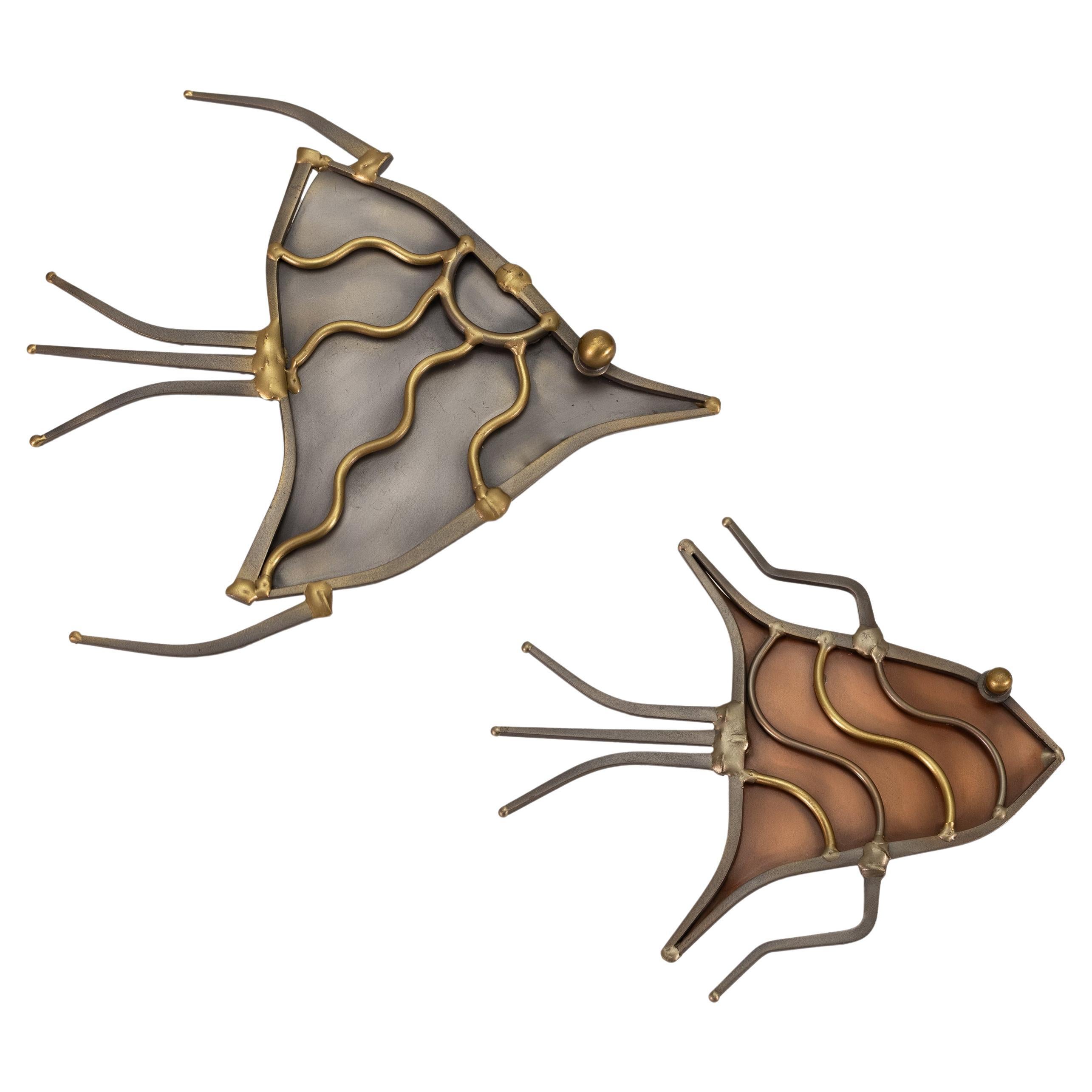 Pair Of Metal And Brass Ron Schmidt Signed Brutalist Wall Hanging Fish