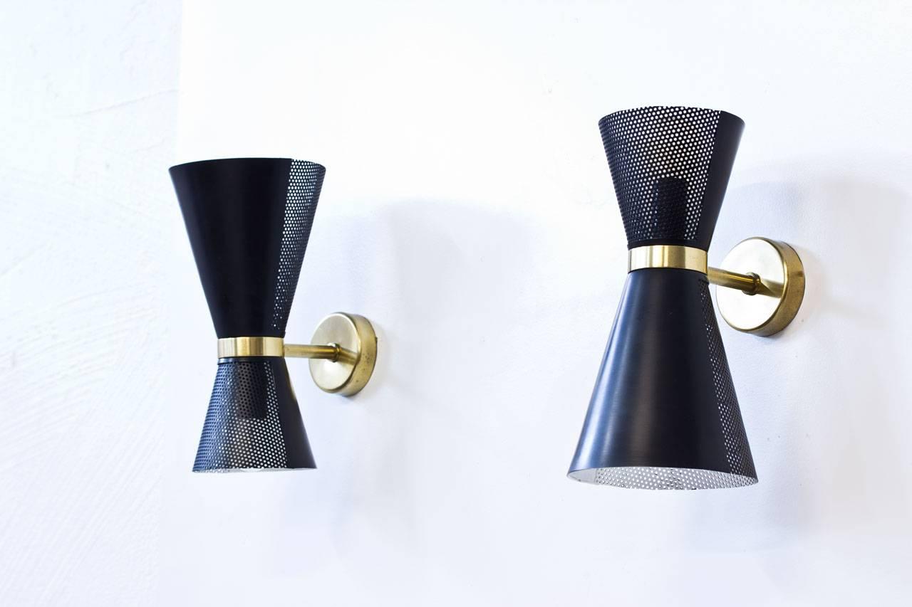 Swedish Pair of Metal and Brass Wall Lamps by Falkenbergs Belysning, Sweden, 1950s