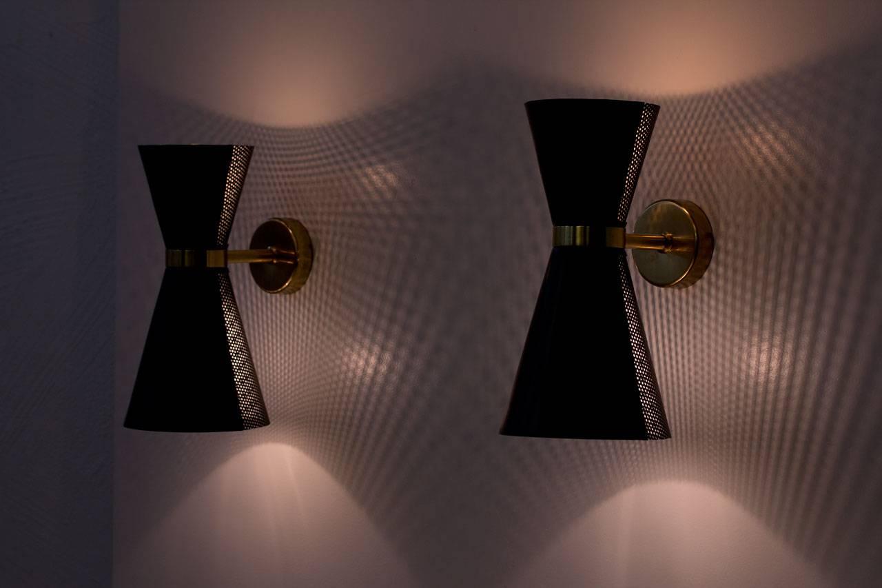 Pair of Metal and Brass Wall Lamps by Falkenbergs Belysning, Sweden, 1950s 3