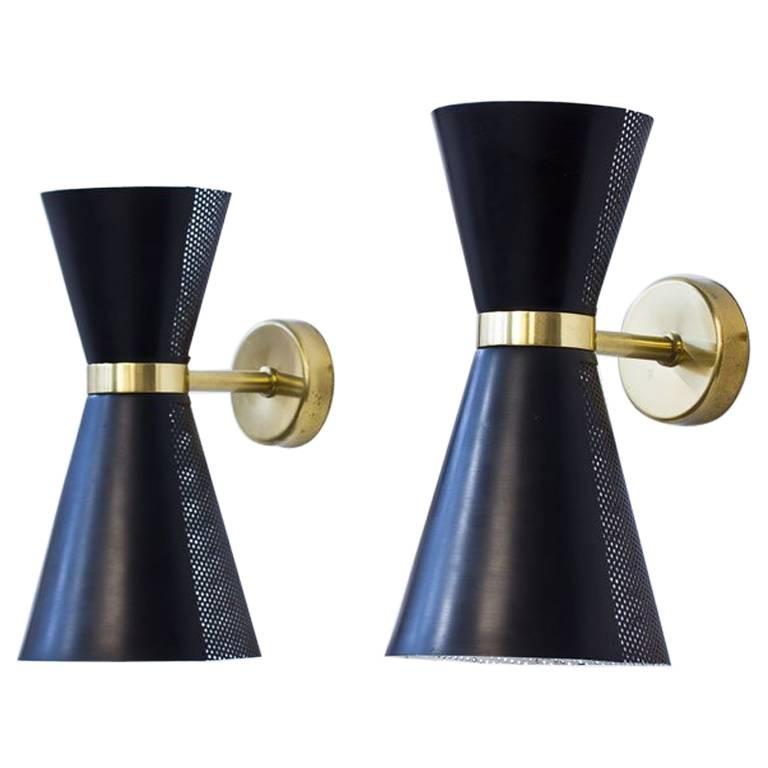 Pair of Metal and Brass Wall Lamps by Falkenbergs Belysning, Sweden, 1950s