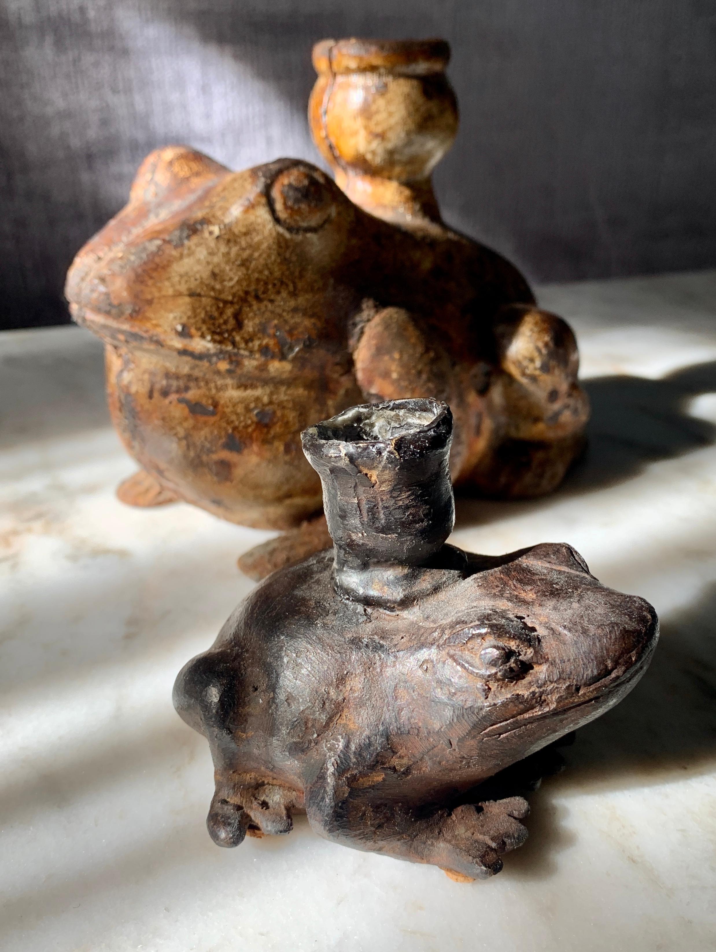 Folk Art Pair of Metal and Bronze Frog Candleholders