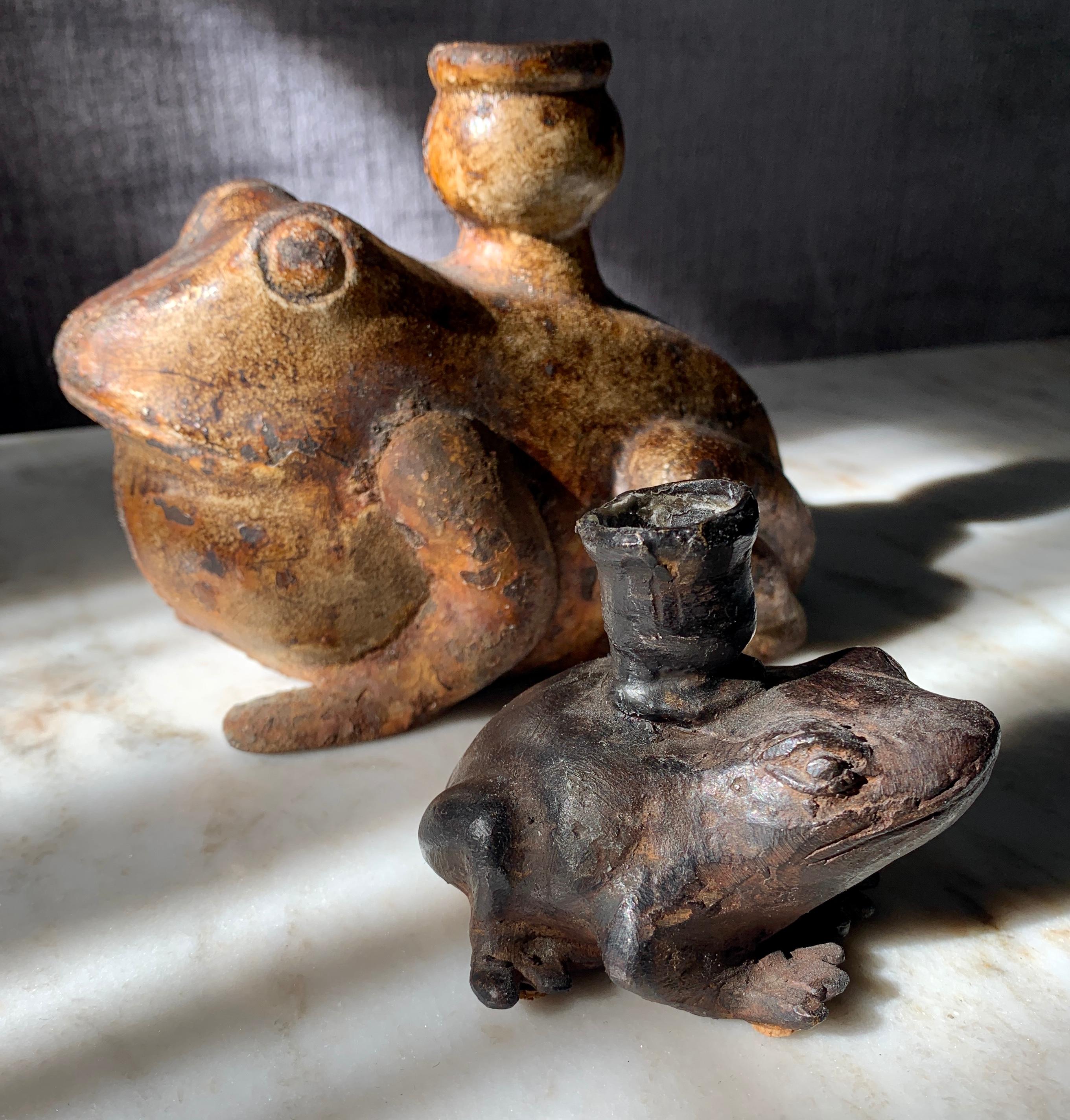 Pair of Metal and Bronze Frog Candleholders In Good Condition In Los Angeles, CA