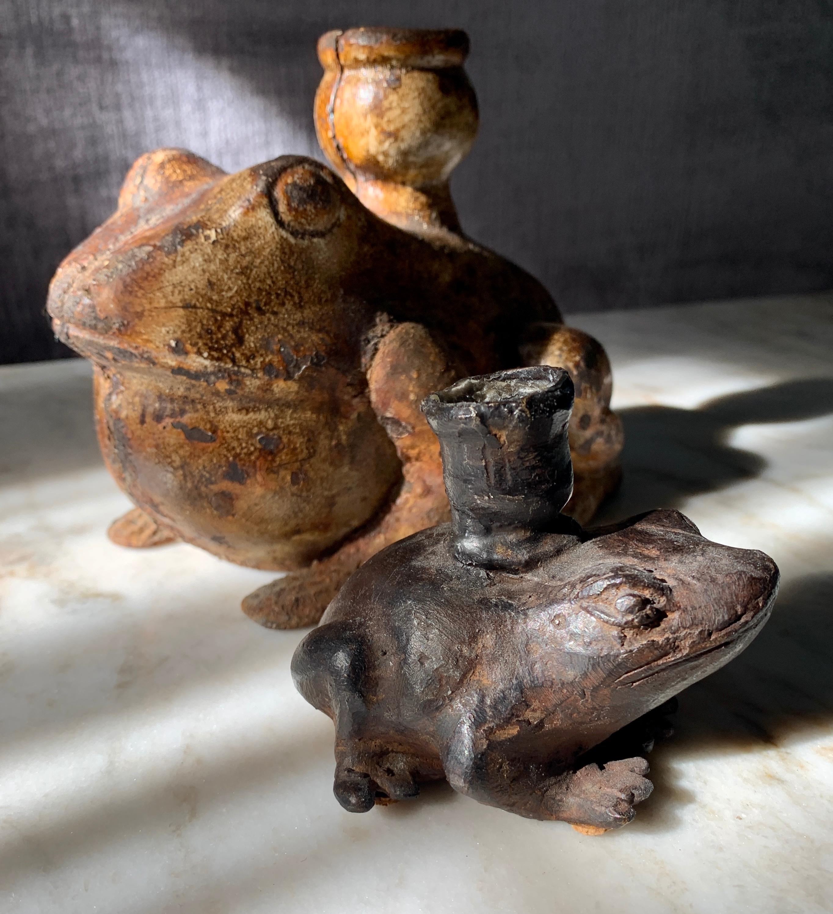 20th Century Pair of Metal and Bronze Frog Candleholders
