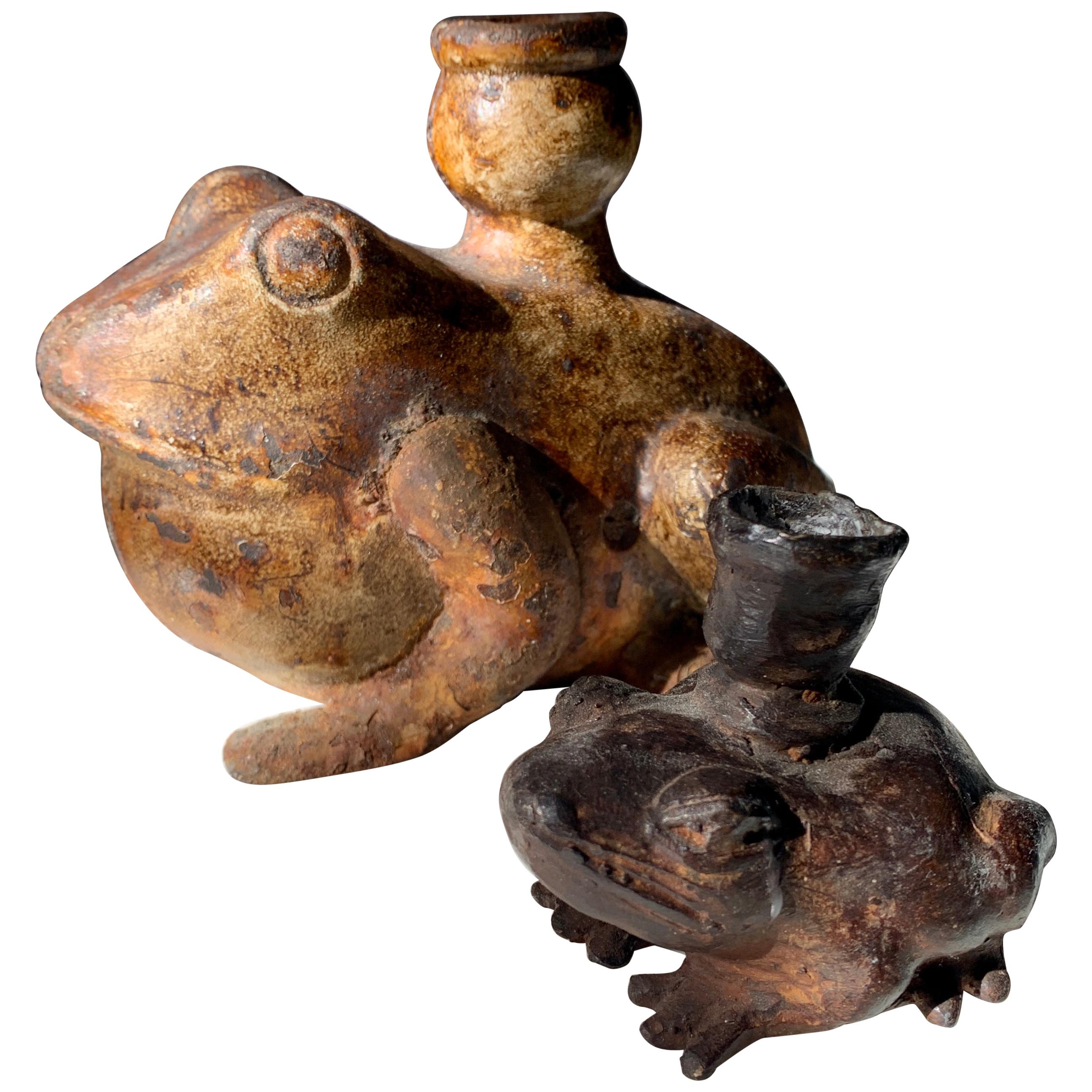 Pair of Metal and Bronze Frog Candleholders