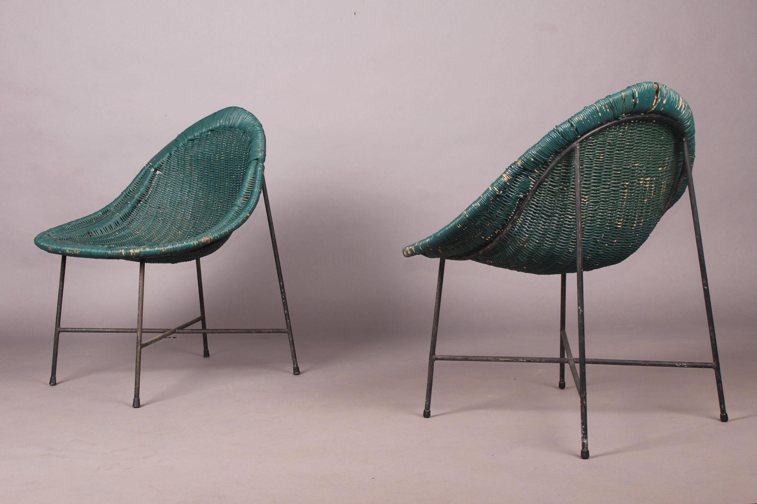 European Pair of Metal and Cane Armchairs