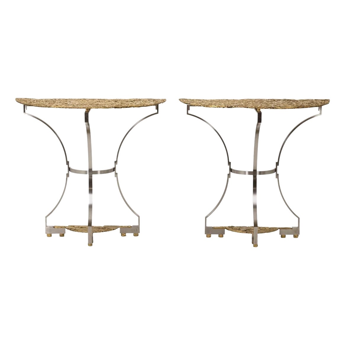 Pair of metal and cast bronze side tables. Contemporary.