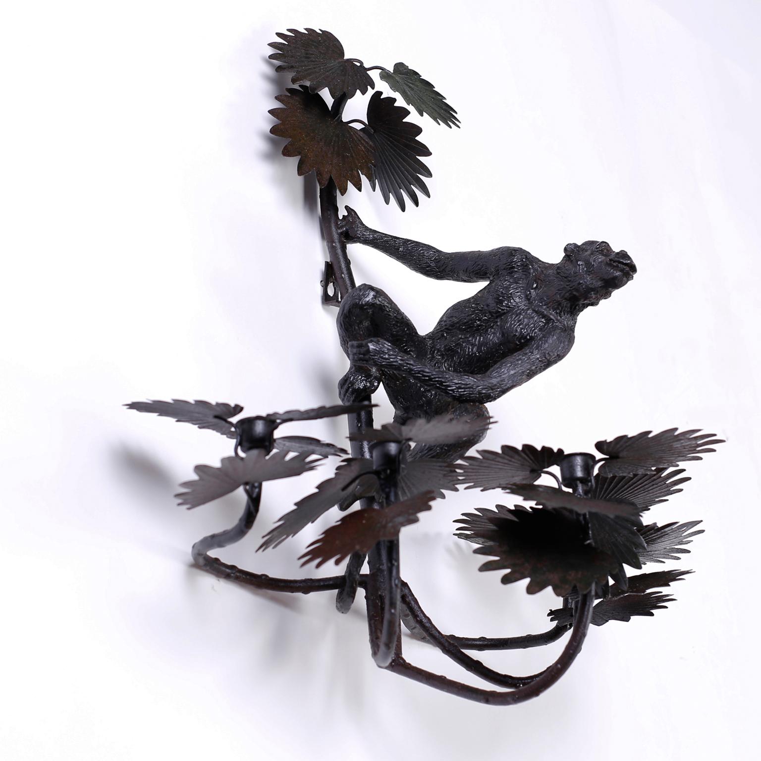 Pair of Metal and Cast Iron Monkey and Palm Sconces For Sale 3