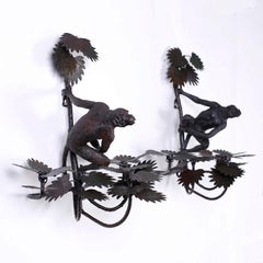 Pair of Metal and Cast Iron Monkey and Palm Sconces
