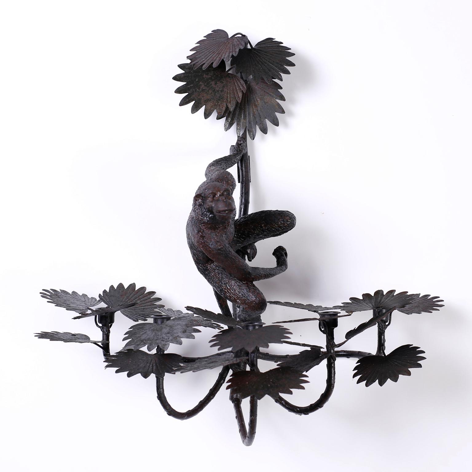 Pair of Metal and Cast Iron Monkey and Palm Sconces In Good Condition For Sale In Palm Beach, FL