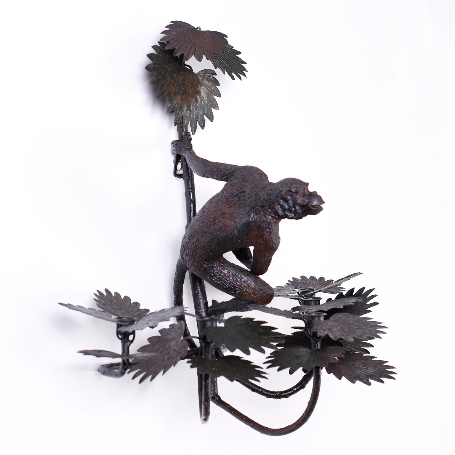 20th Century Pair of Metal and Cast Iron Monkey and Palm Sconces For Sale