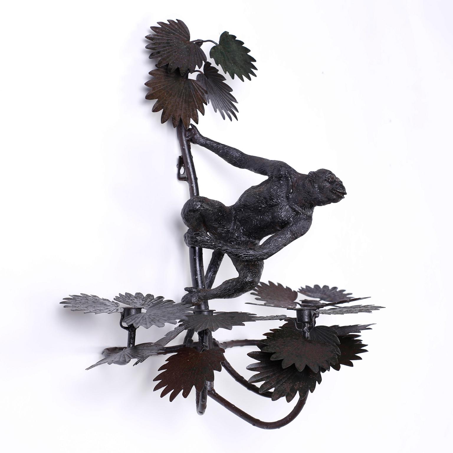 Pair of Metal and Cast Iron Monkey and Palm Sconces For Sale 2