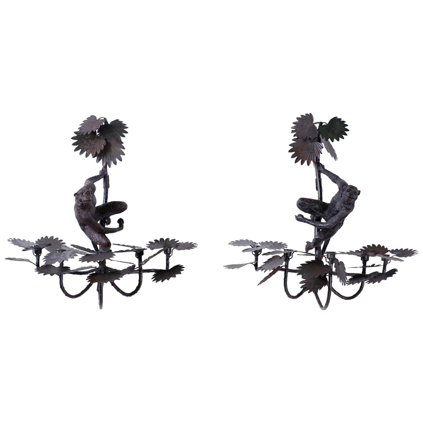 Pair of Metal and Cast Iron Monkey and Palm Sconces For Sale