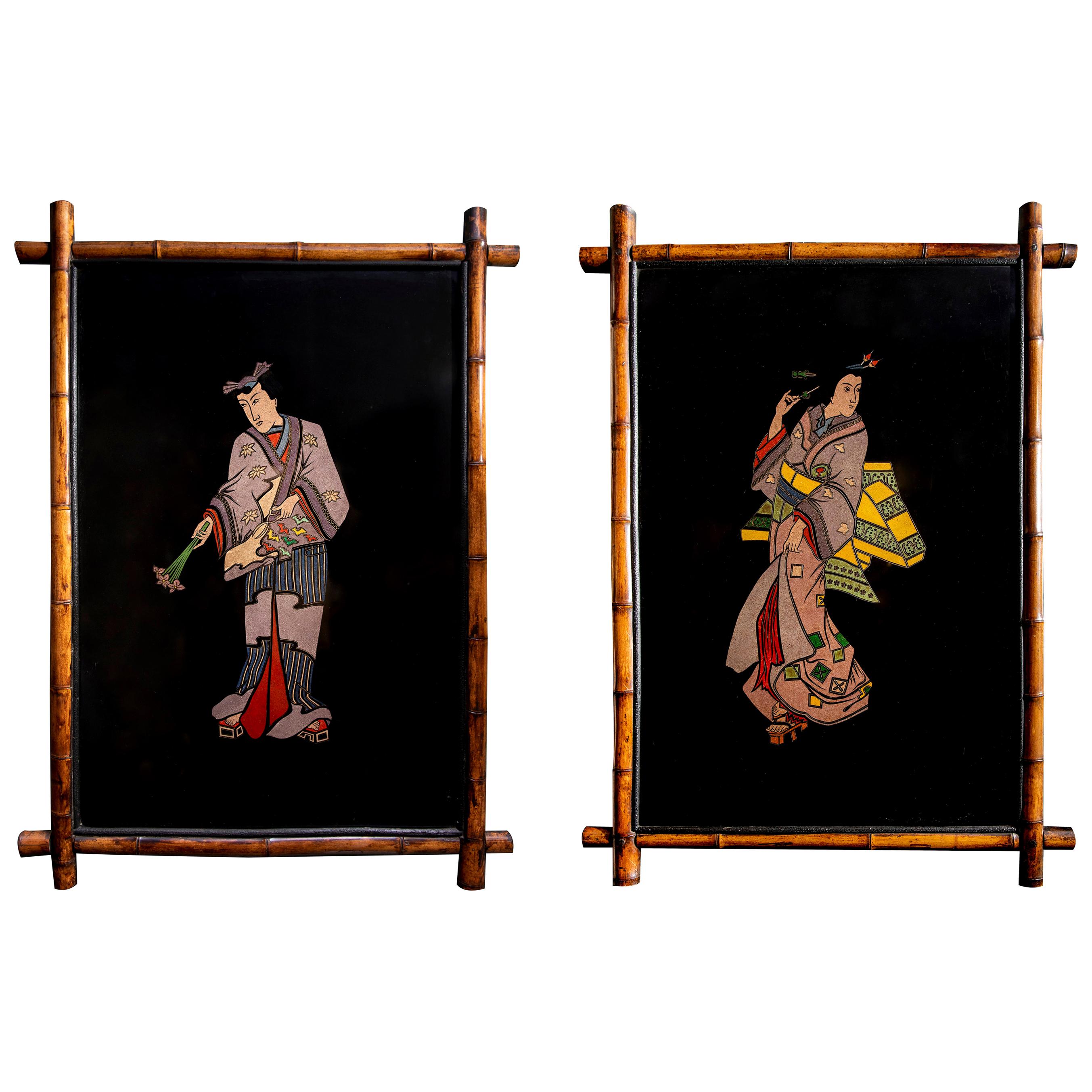 Pair of Metal and Enamel Plaques with Bamboo Frame, France, Late 19th Century For Sale
