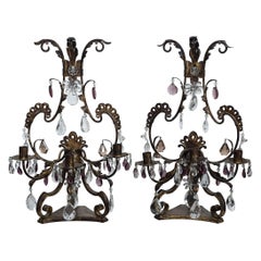 Antique Pair of Metal and Glass 3-Light Candelabra