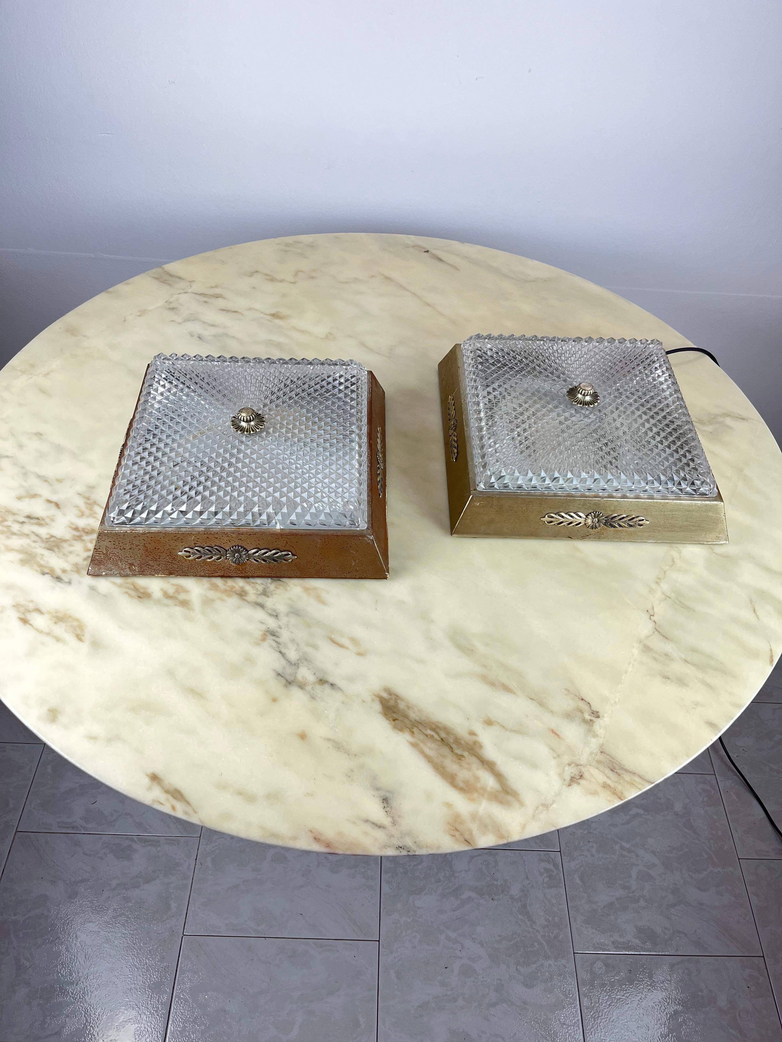 Pair of Metal and Glass Ceiling Lights, Italy, 1950s In Good Condition For Sale In Palermo, IT