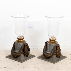 Pair of Metal and Glass Draped Hurricanes