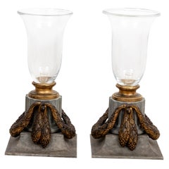 Pair of Metal and Glass Draped Hurricanes