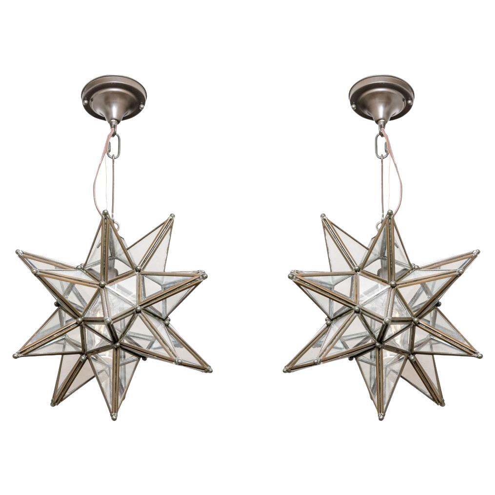Pair Of Metal and Glass Moravian Star Lighting Fixtures For Sale