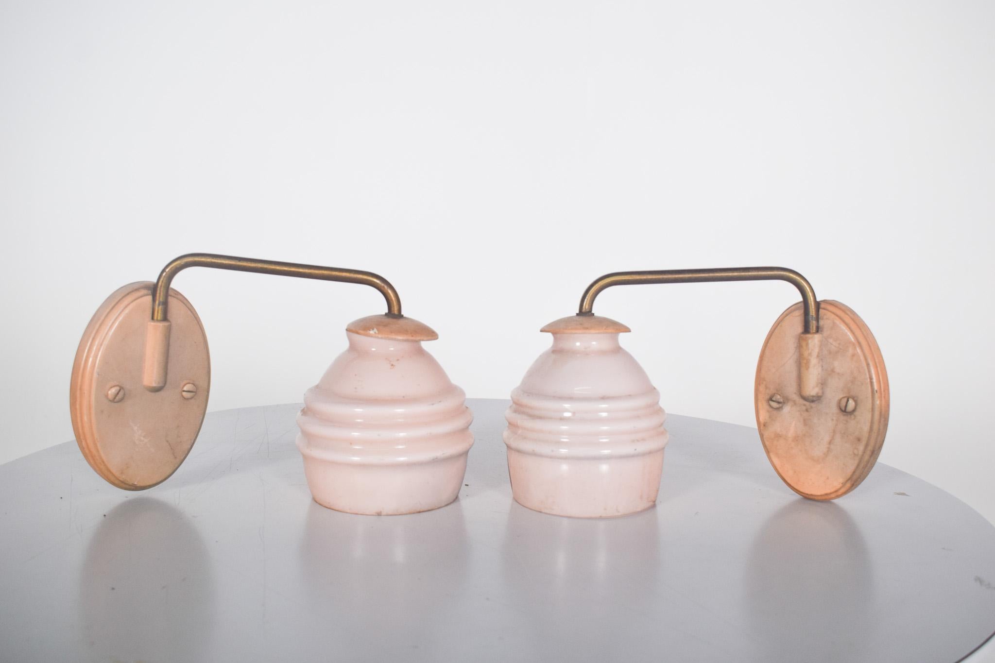Mid-Century Modern Pair of Metal and Pink Glass Wall Lights For Sale