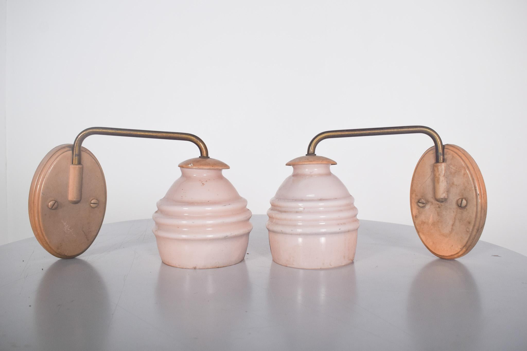 Portuguese Pair of Metal and Pink Glass Wall Lights For Sale