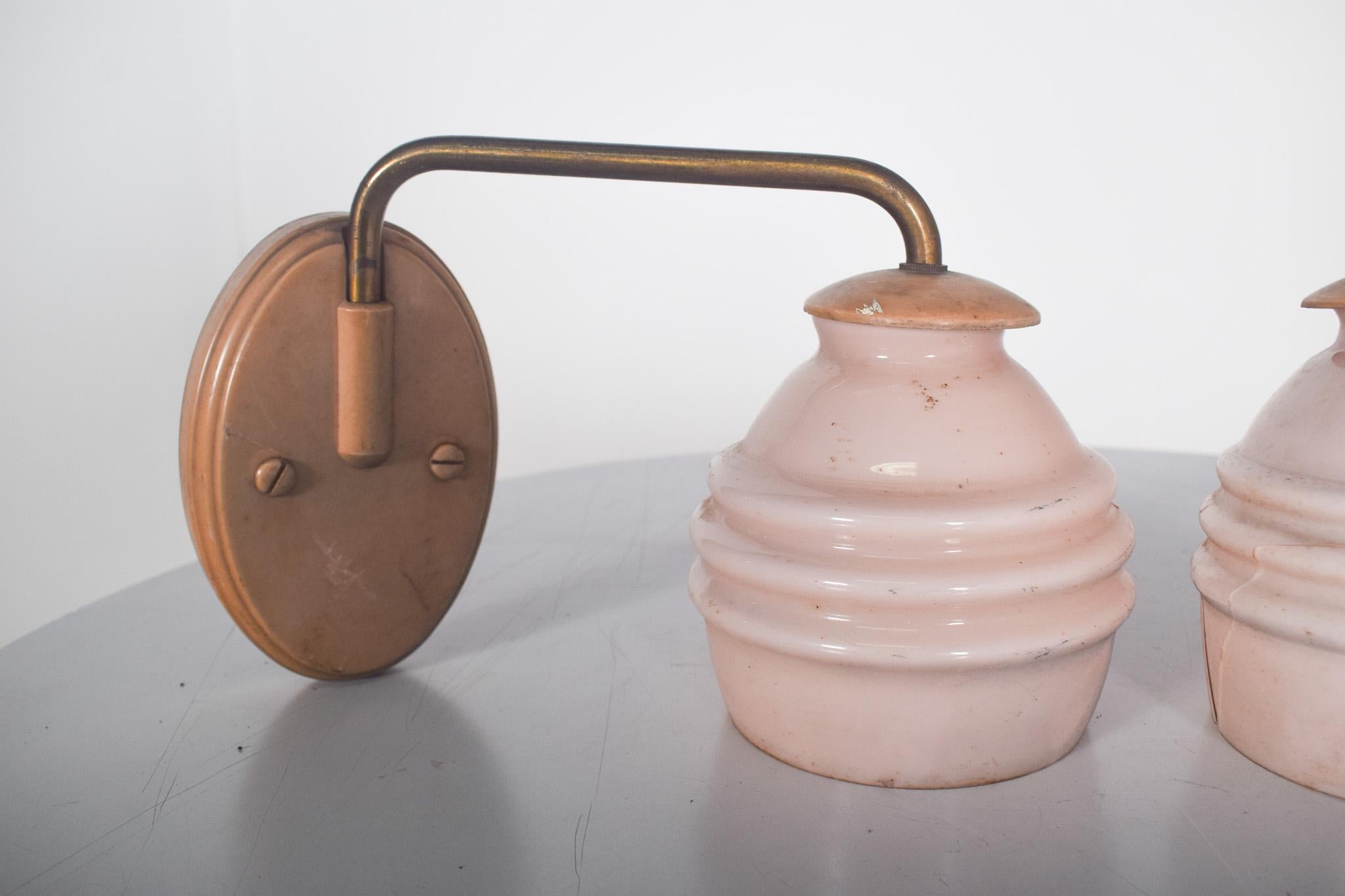 20th Century Pair of Metal and Pink Glass Wall Lights For Sale