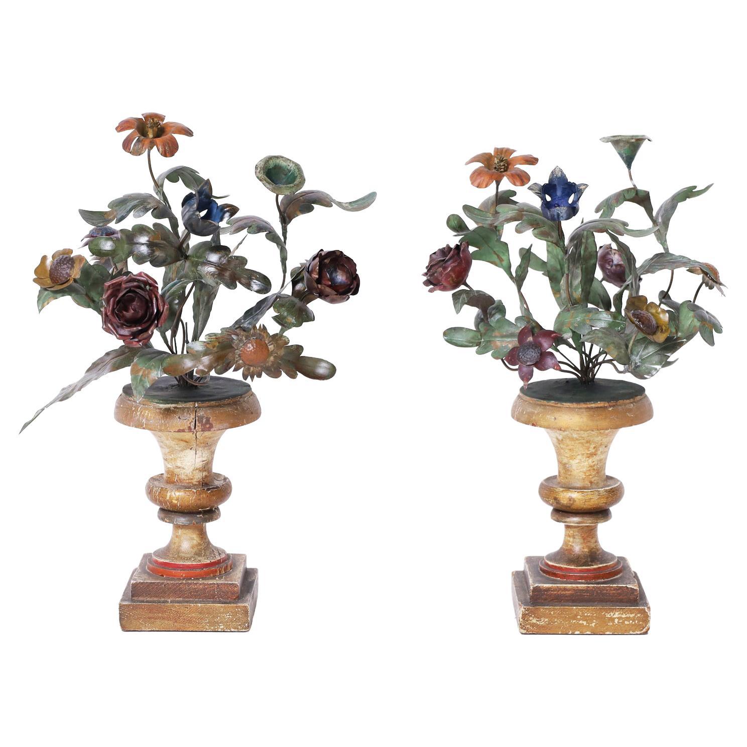 Pair of Metal and Wood Floral Garnitures For Sale