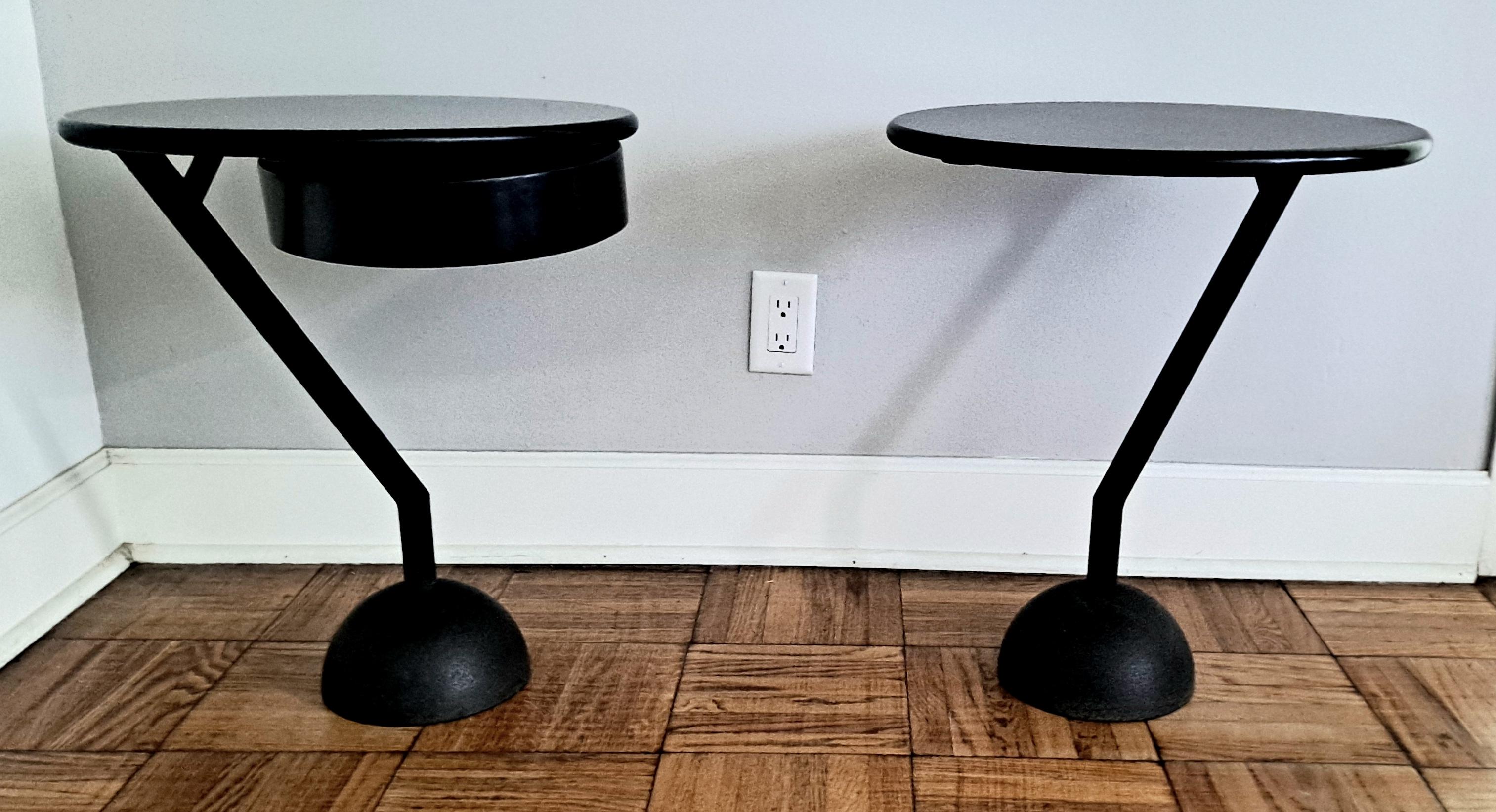 Pair of Italian side tables by Gimo Fero Venation artist .He made 6 of the tables like this and numbered on the bottom.
The base is metal and the top is made of wood .One of the nightstand have the drawer as shown on the photos .

USA Continental in