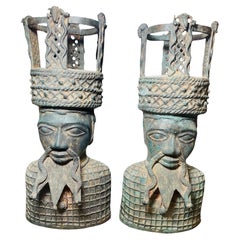 Vintage Pair Of Metal Asian Men Busts