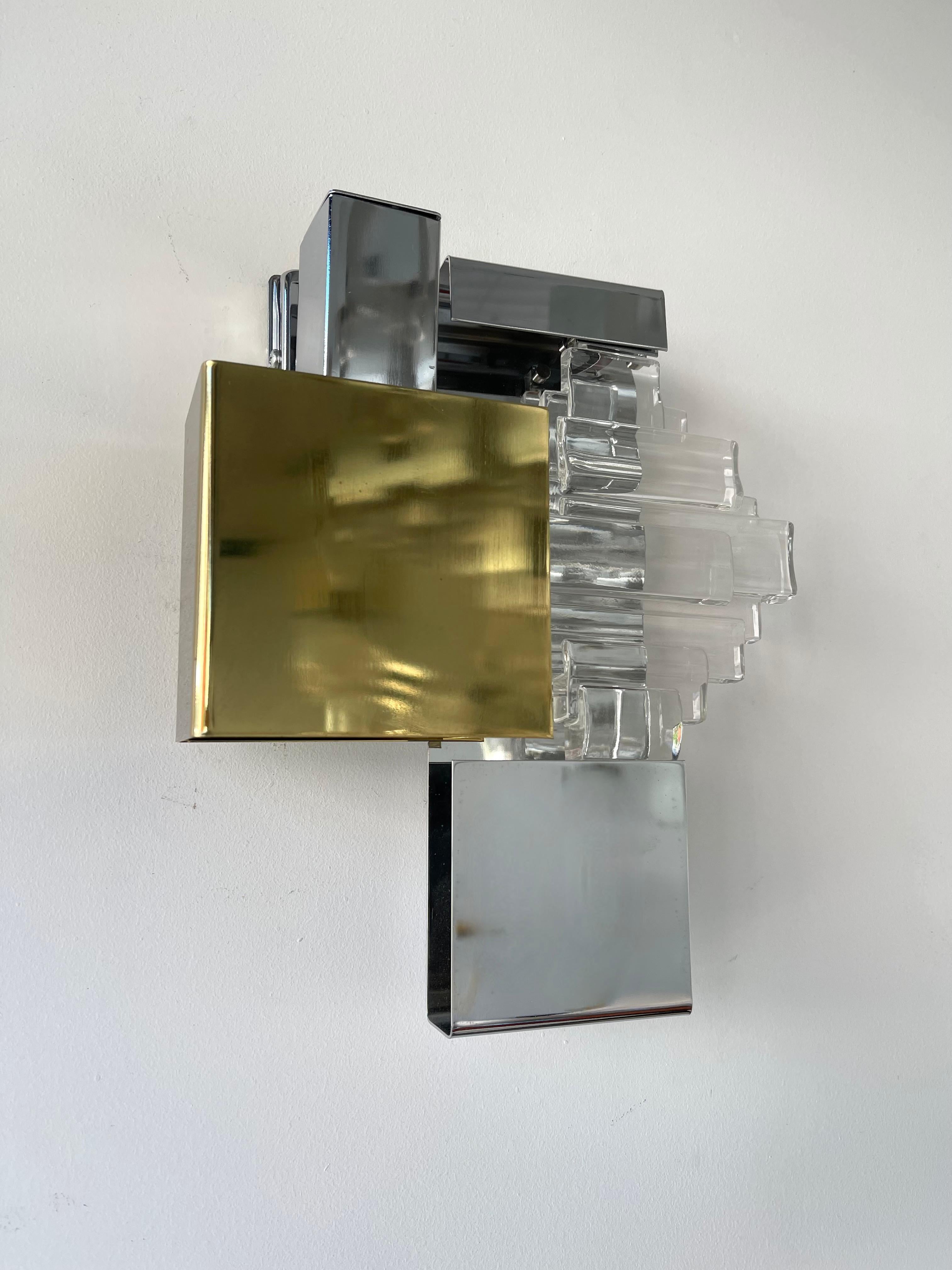 Italian Pair of Metal Brass Glass Sconces by Sciolari for Stilkronen, Germany, 1970s