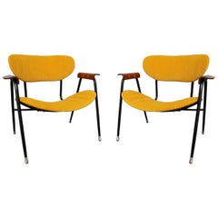 Pair of Metal, Brass Legs and Yellow Wool Midcentury Lounge Chairs, Italy, 1950
