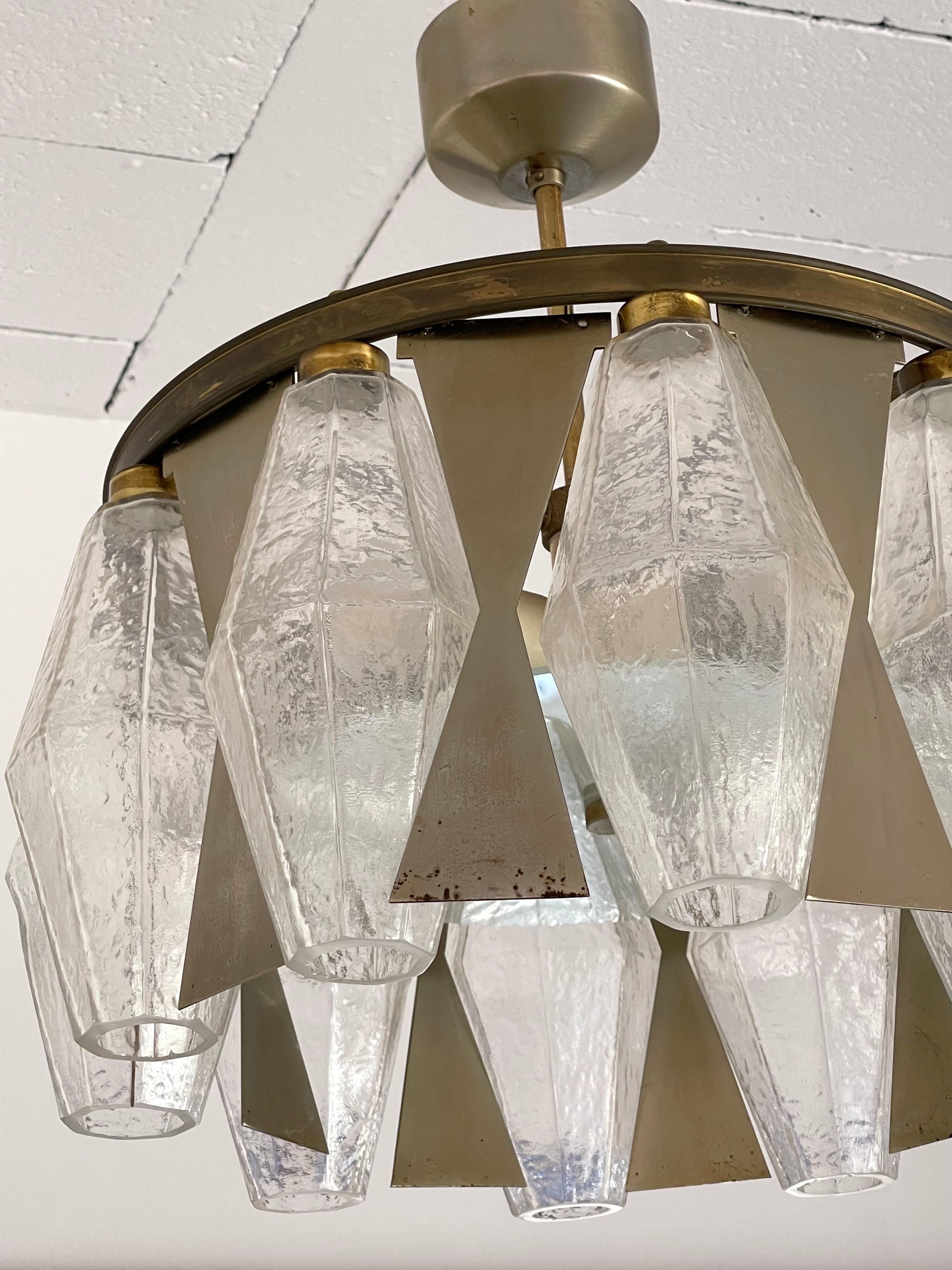 Pair of Metal Brass Murano Glass Pendant Lights by Aureliano Toso, Italy, 1960s 4