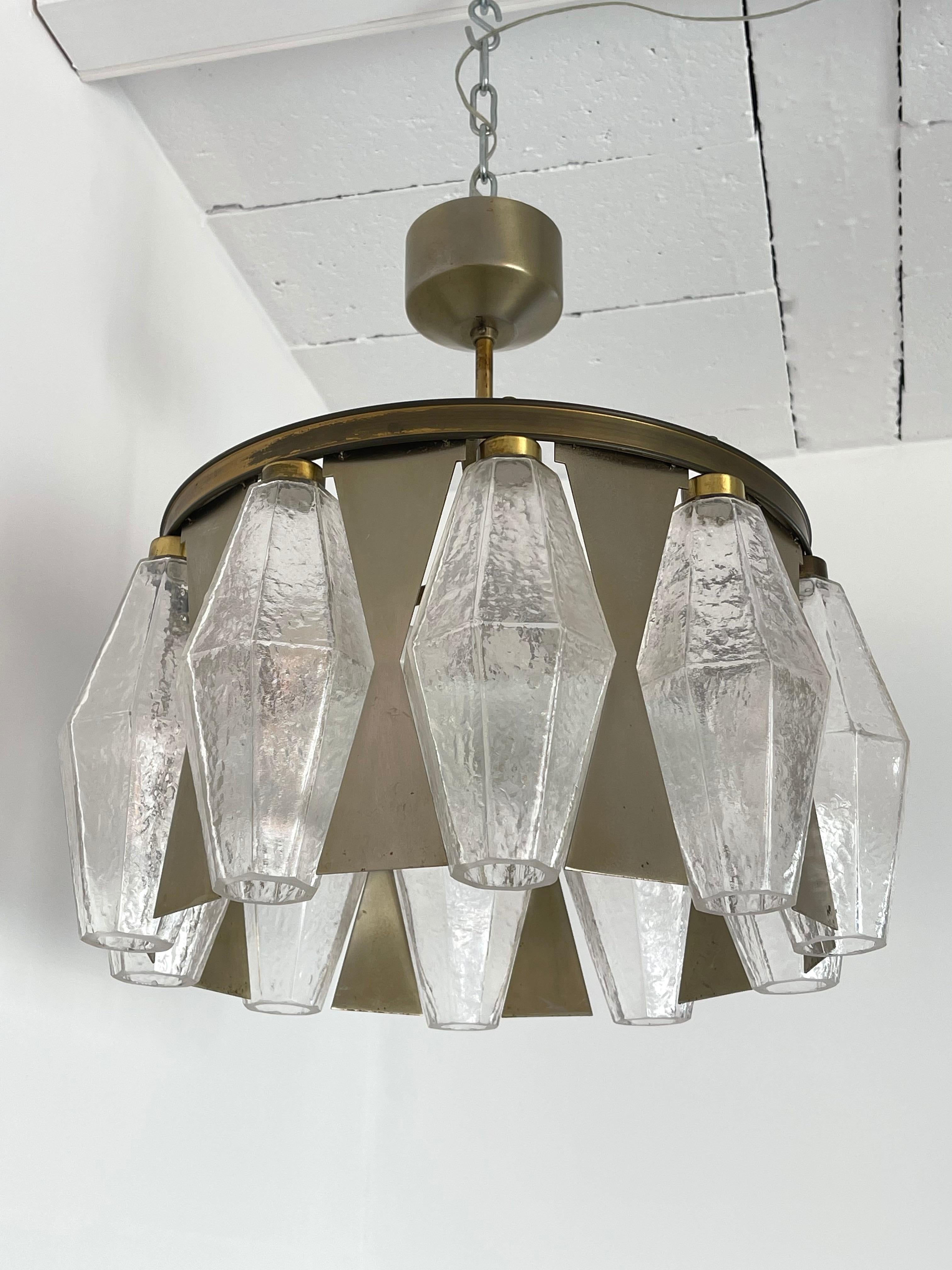 Pair of Metal Brass Murano Glass Pendant Lights by Aureliano Toso, Italy, 1960s 5