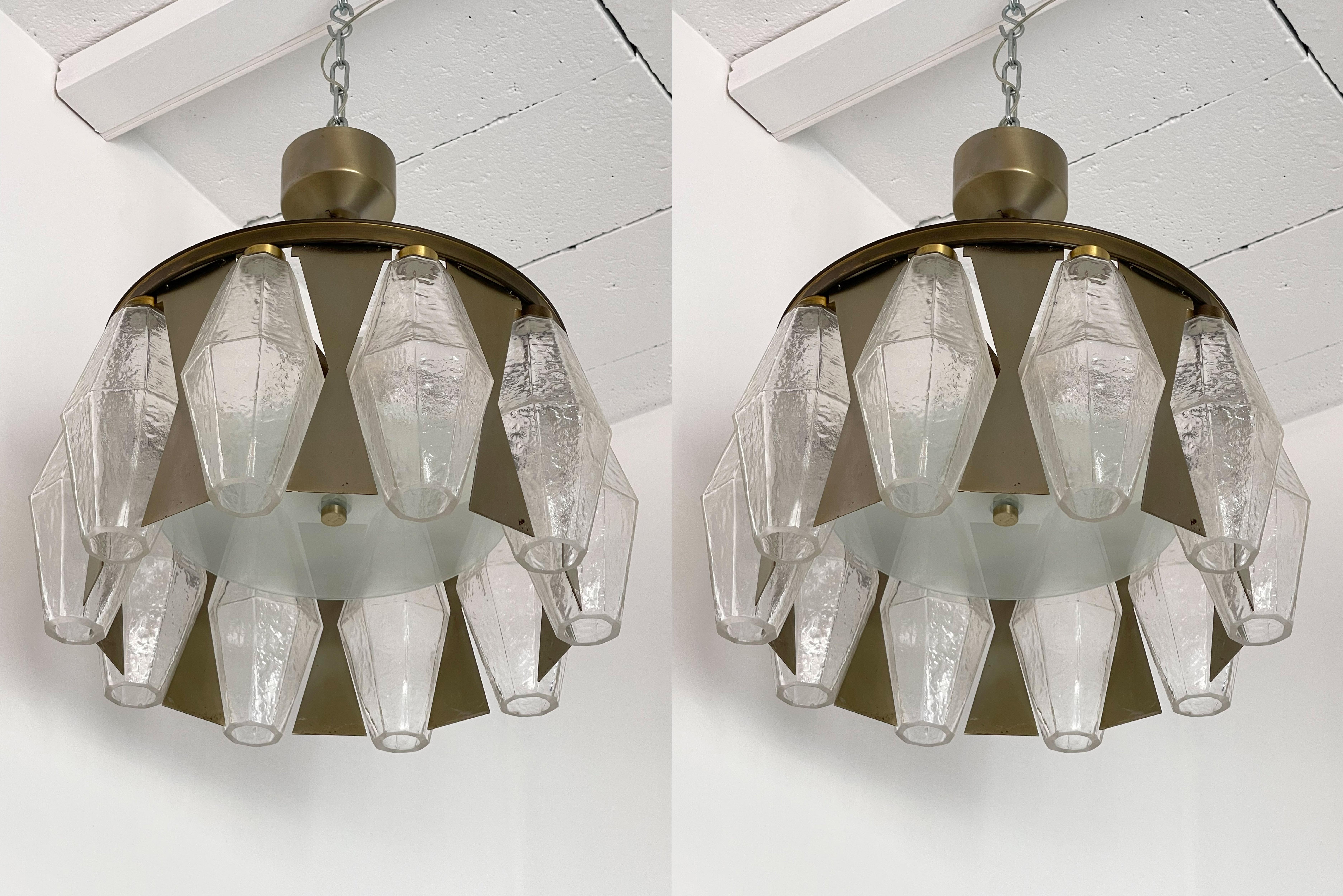 Pair of Metal Brass Murano Glass Pendant Lights by Aureliano Toso, Italy, 1960s 7