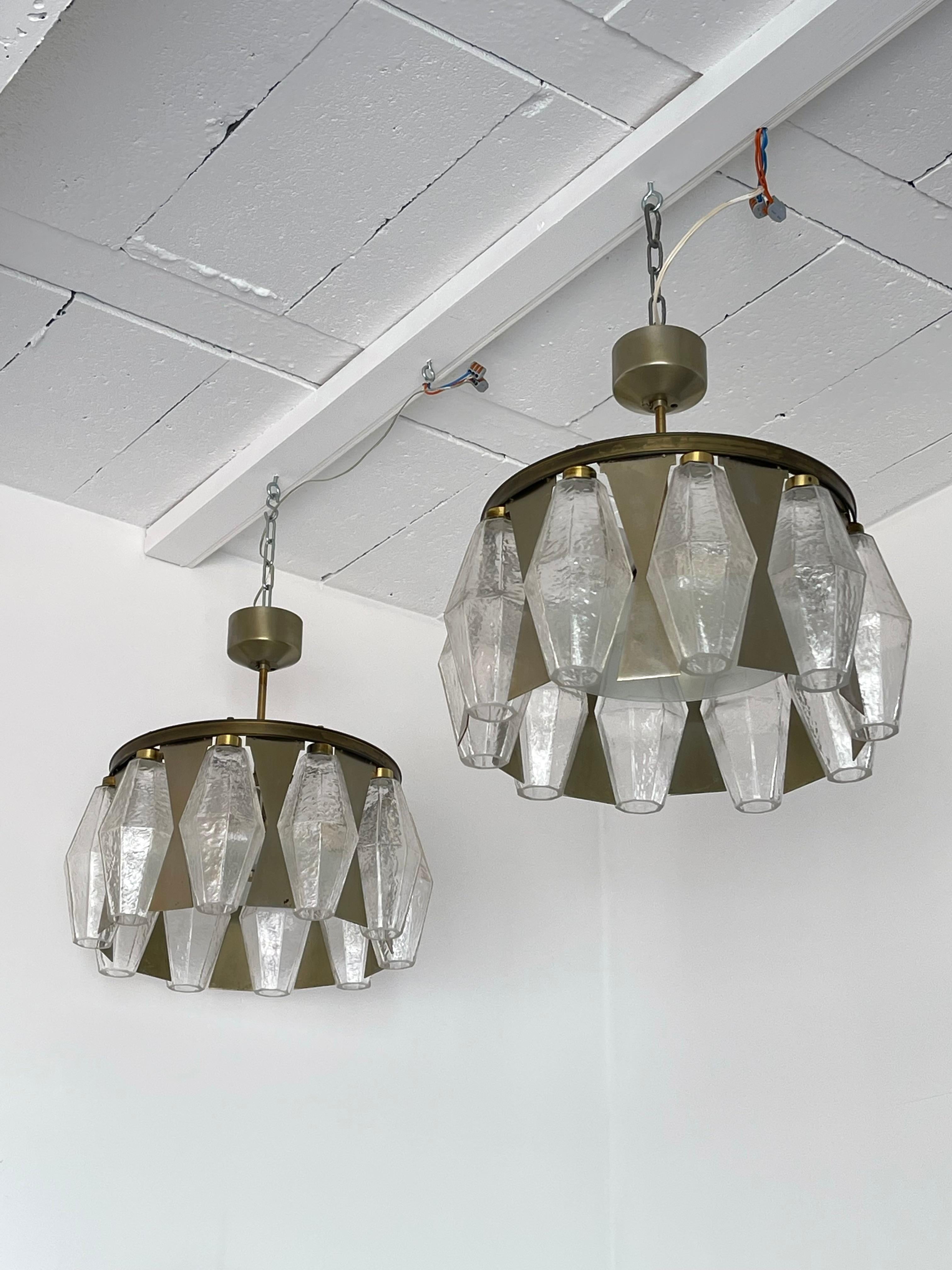 Pair of Metal Brass Murano Glass Pendant Lights by Aureliano Toso, Italy, 1960s 8