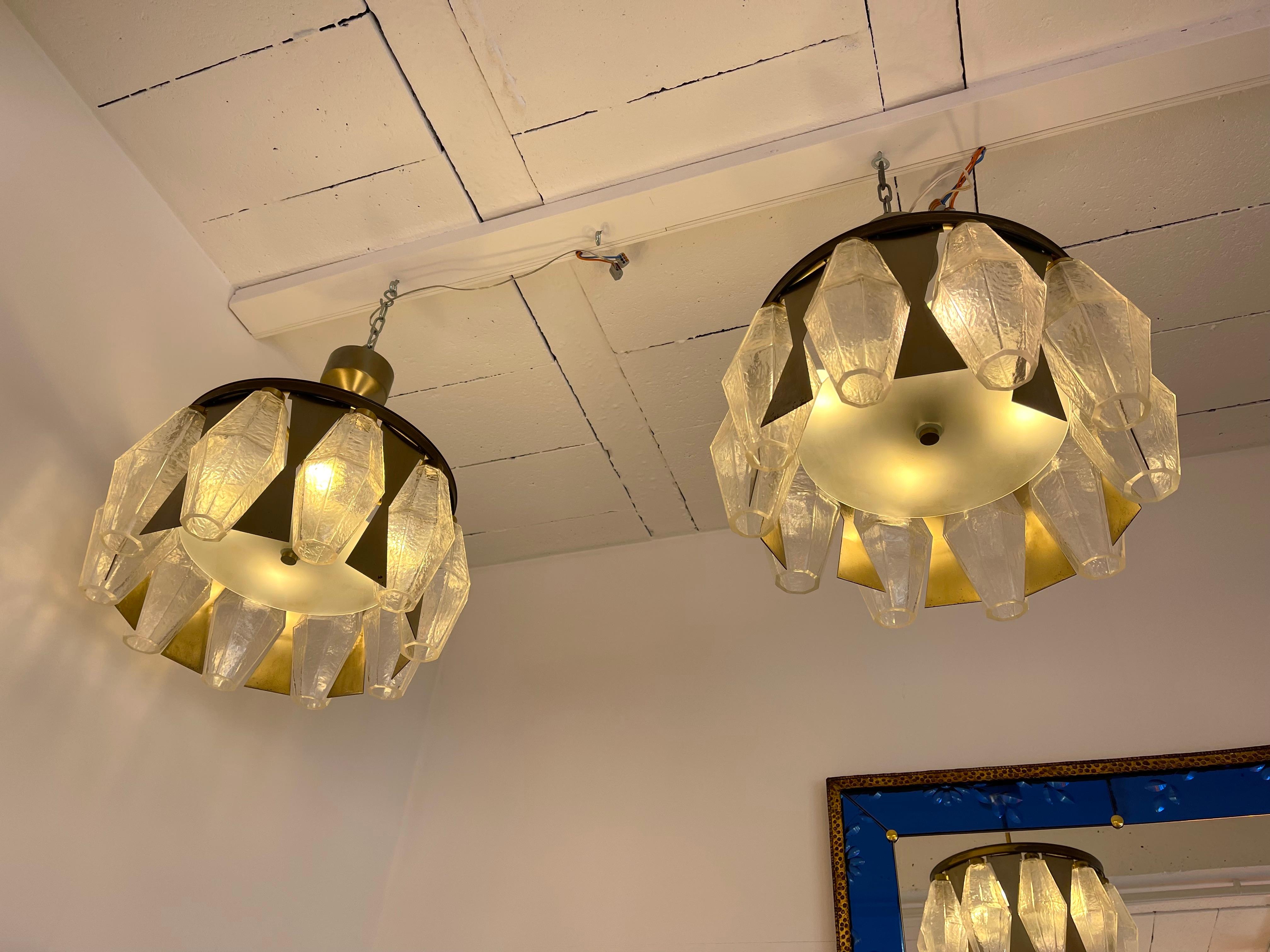 Mid-Century Modern Pair of Metal Brass Murano Glass Pendant Lights by Aureliano Toso, Italy, 1960s