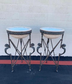 Pair of Metal Bronze and Travertine Pedestal Planters