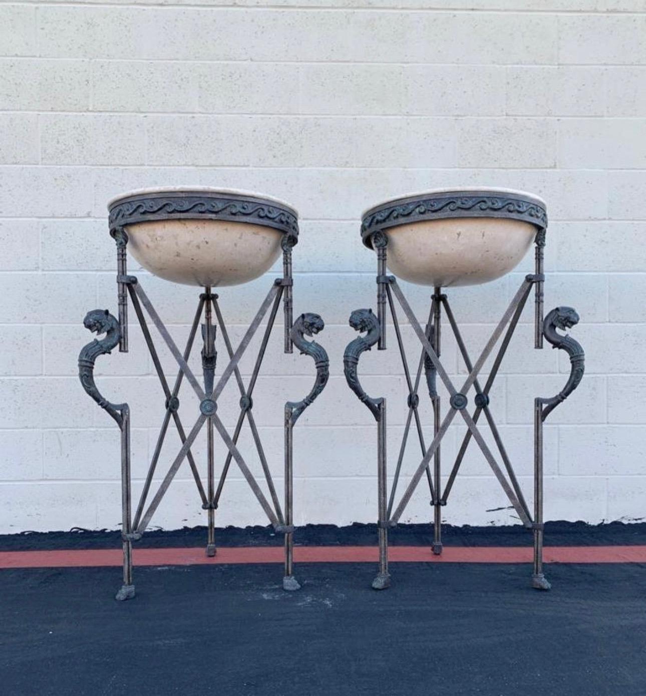 Neoclassical Pair of Metal Bronze and Travertine Pedestal Planters For Sale