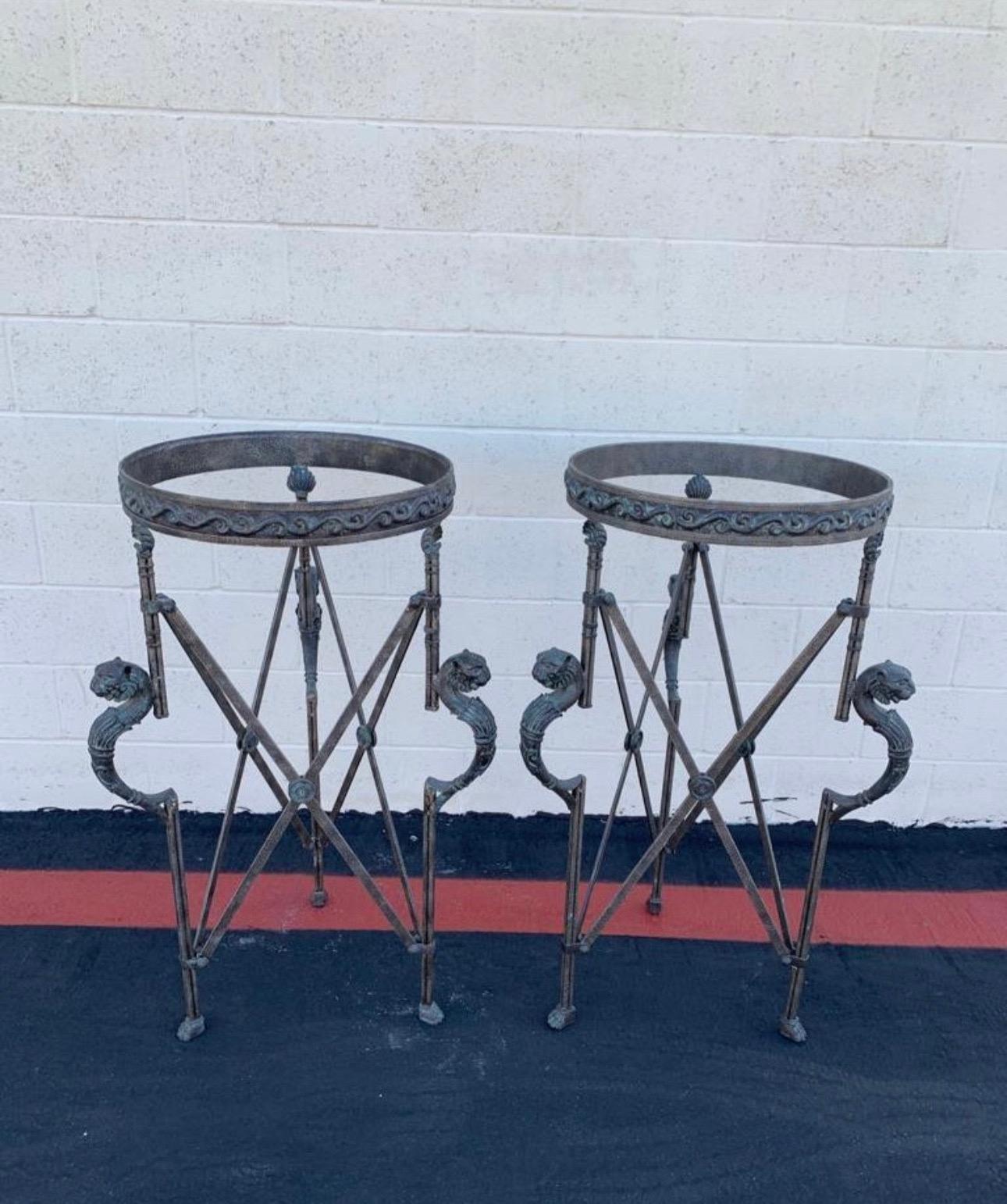 American Pair of Metal Bronze and Travertine Pedestal Planters For Sale