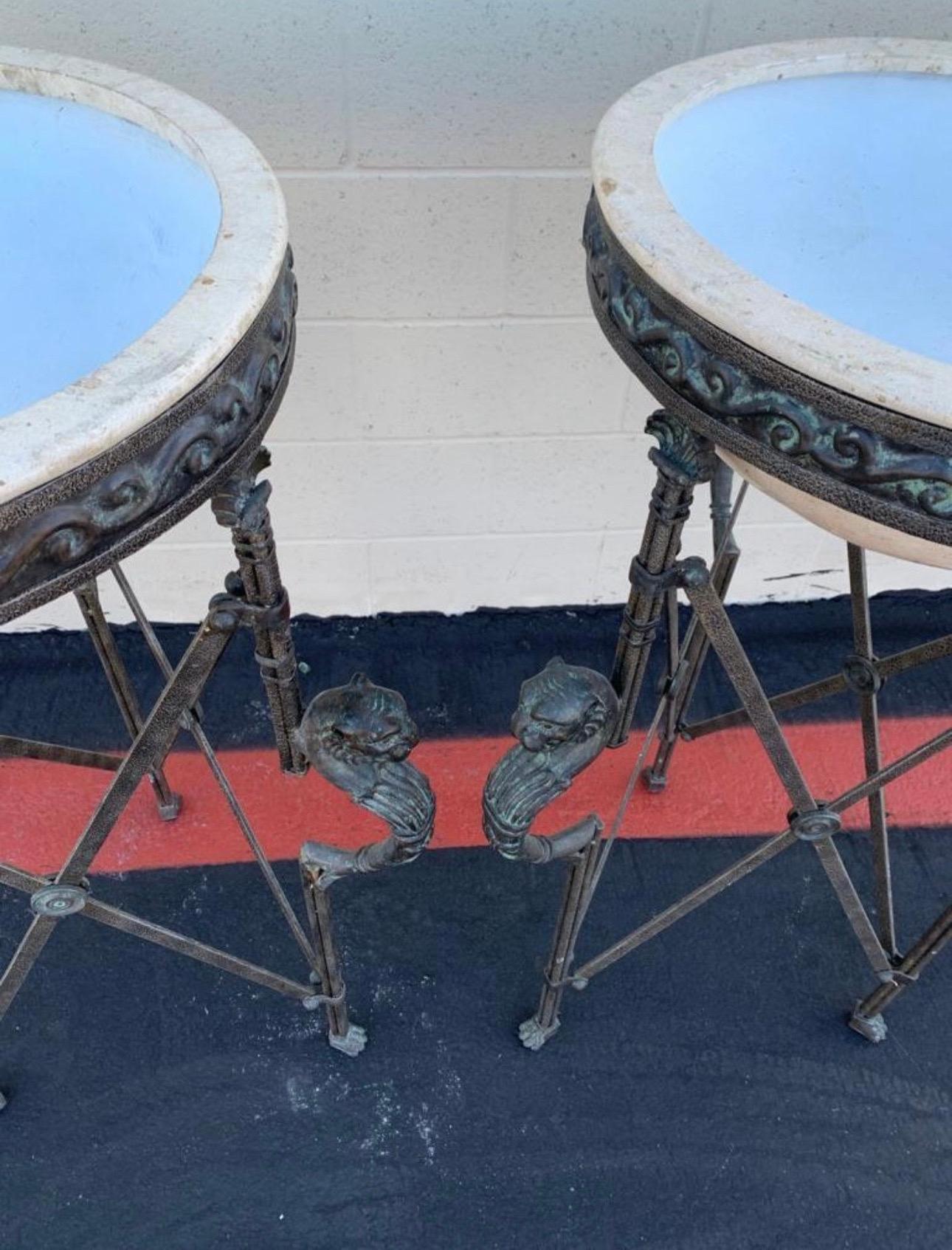 Pair of Metal Bronze and Travertine Pedestal Planters In Good Condition For Sale In North Hollywood, CA