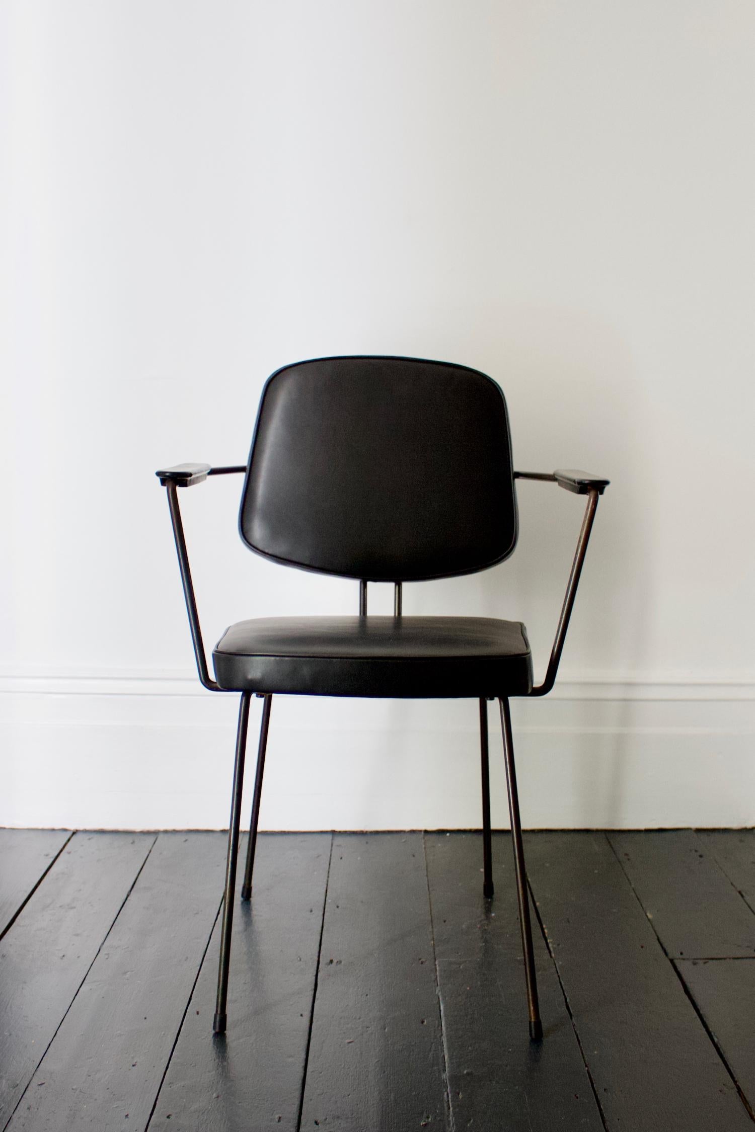 Dutch Pair of Metal Chairs by Rudolf Wolf, Black Leather Upholstery, Netherlands