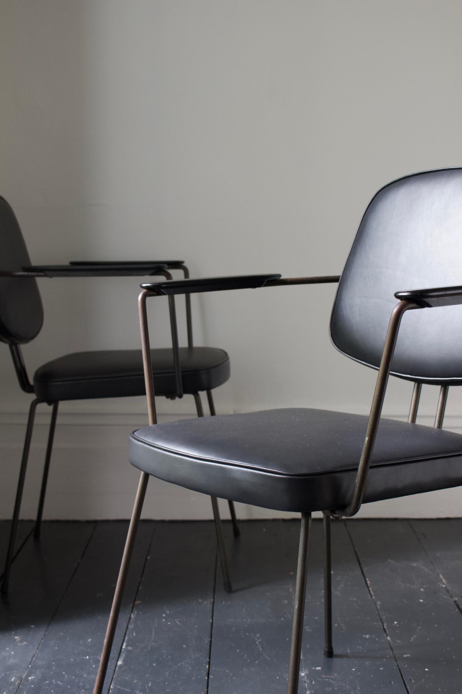 Pair of Metal Chairs by Rudolf Wolf, Black Leather Upholstery, Netherlands 1