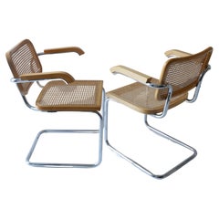 Retro Pair Of Metal chrome and  Cane Armchairs , Italy 1970s