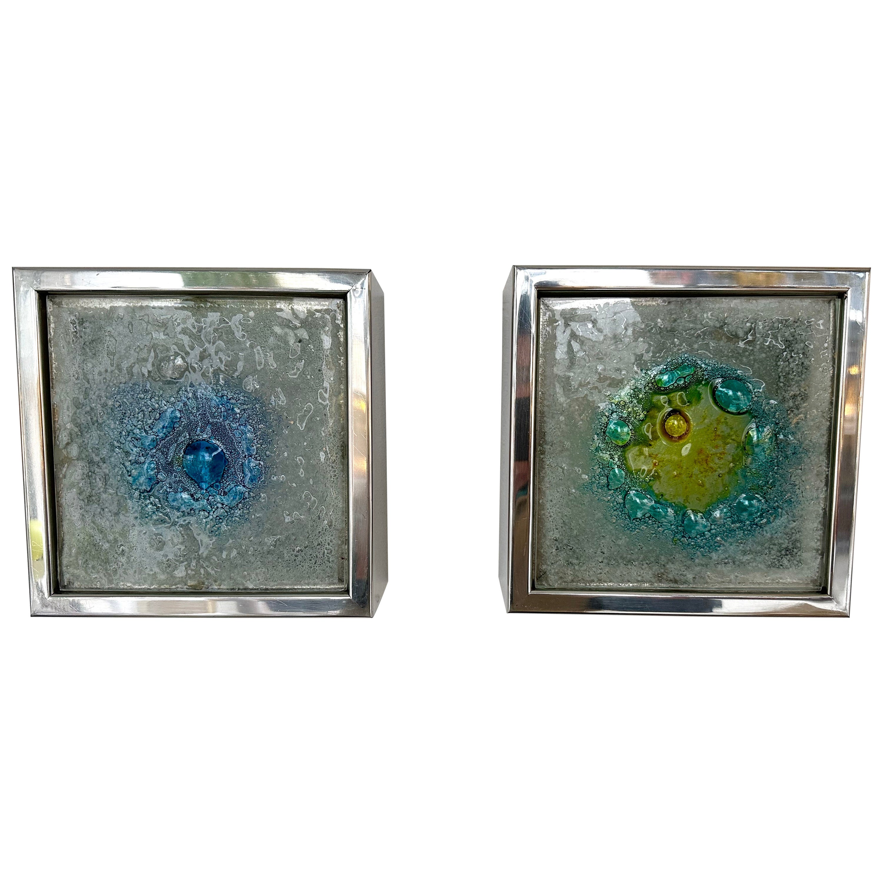 Paar Metall-Chrom-Kasten-Wandleuchter, Blasenglas, Netherland, 1970er Jahre