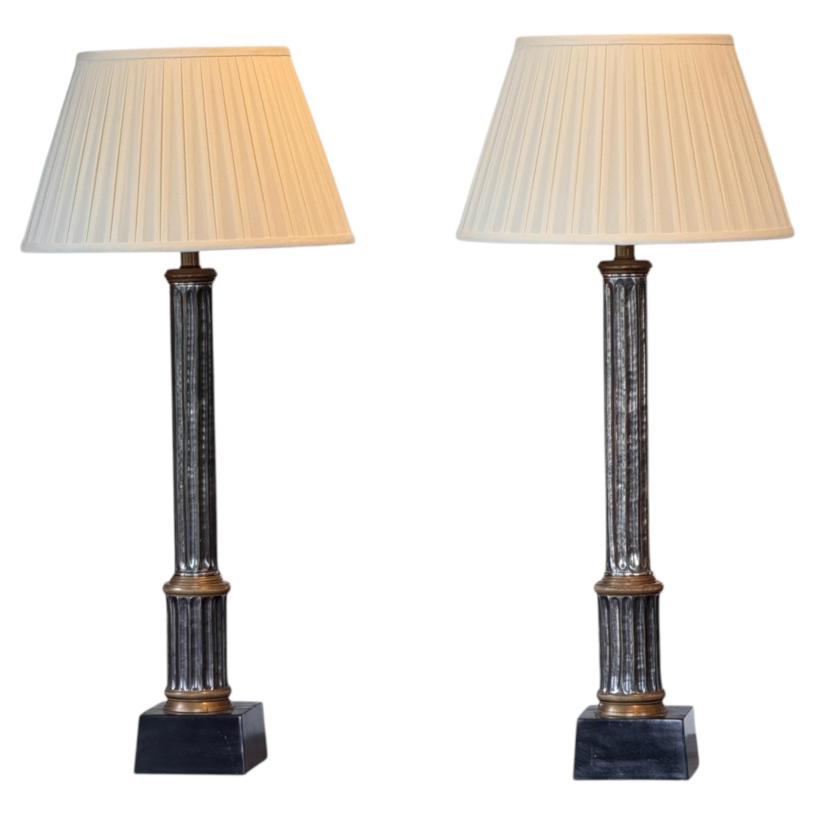 Pair of Metal Column Table Lamps in Bronze and Silver For Sale at 1stDibs