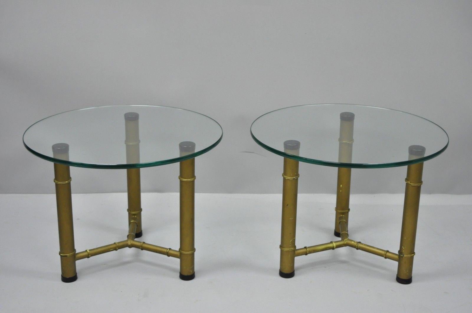 Pair of Metal Faux Bamboo Round Glass Top Low Side End Tables Hollywood Regency 3