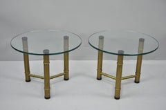 Pair of Metal Faux Bamboo Round Glass Top Low Side End Tables Hollywood Regency