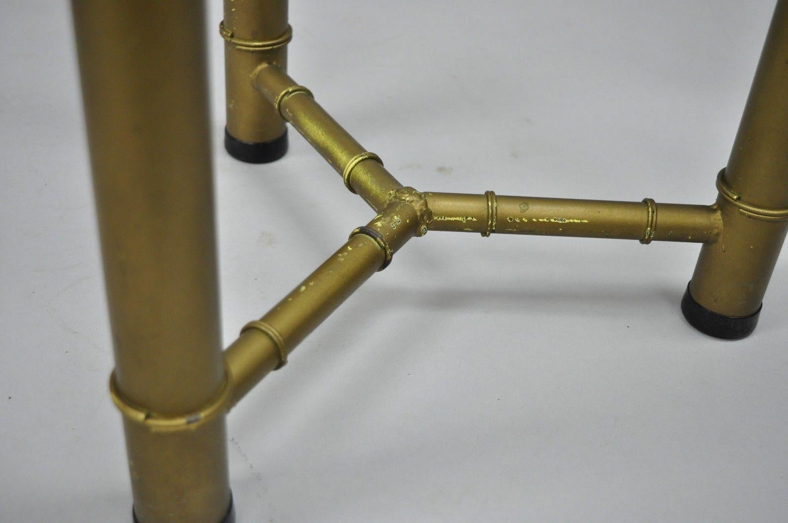 Pair of Metal Faux Bamboo Round Glass Top Low Side End Tables Hollywood Regency In Good Condition In Philadelphia, PA