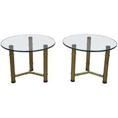 Pair of Metal Faux Bamboo Round Glass Top Low Side End Tables Hollywood Regency
