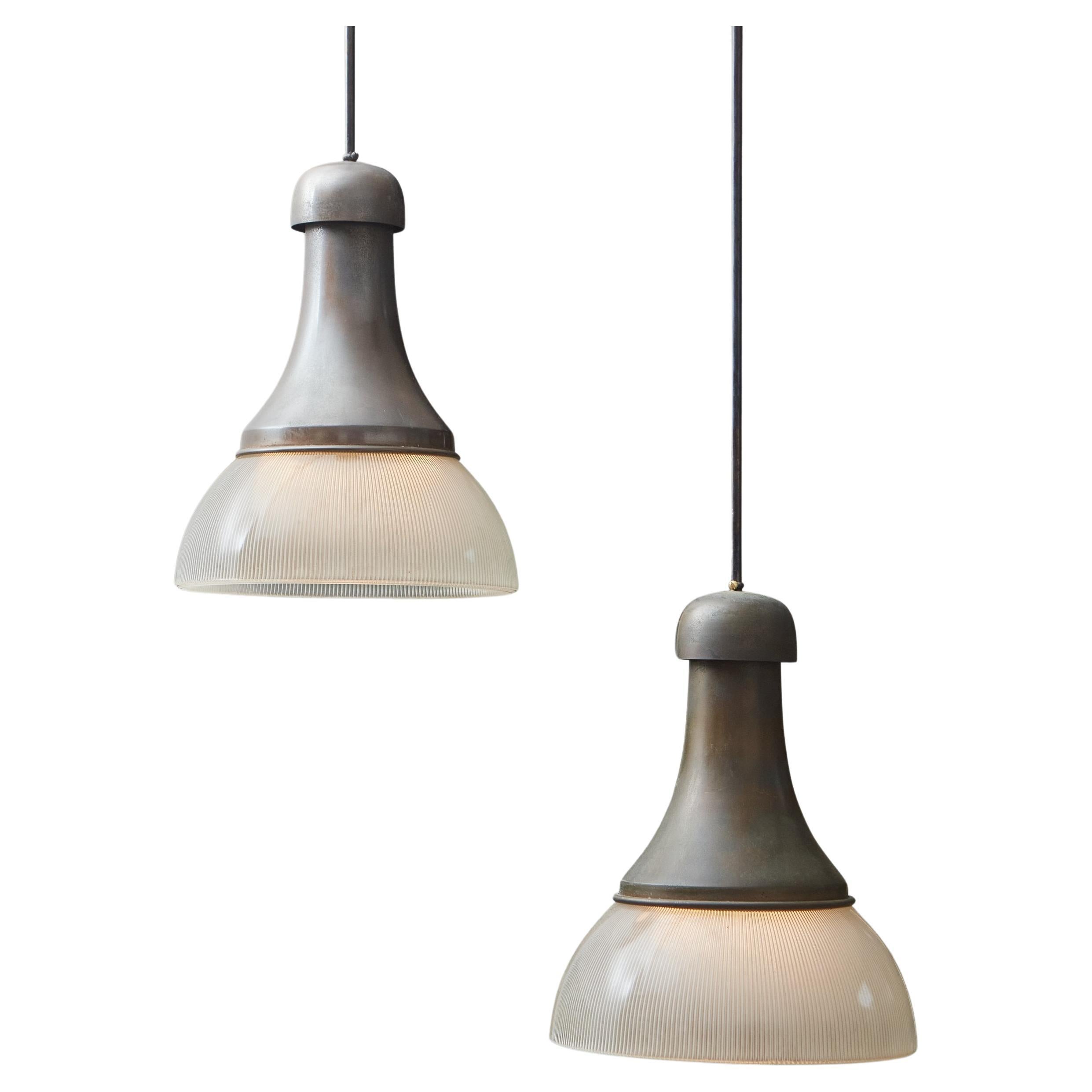 Pair of Metal + Glass Pendant Lights in the Style of Sergio Mazza, Italy 1960s For Sale