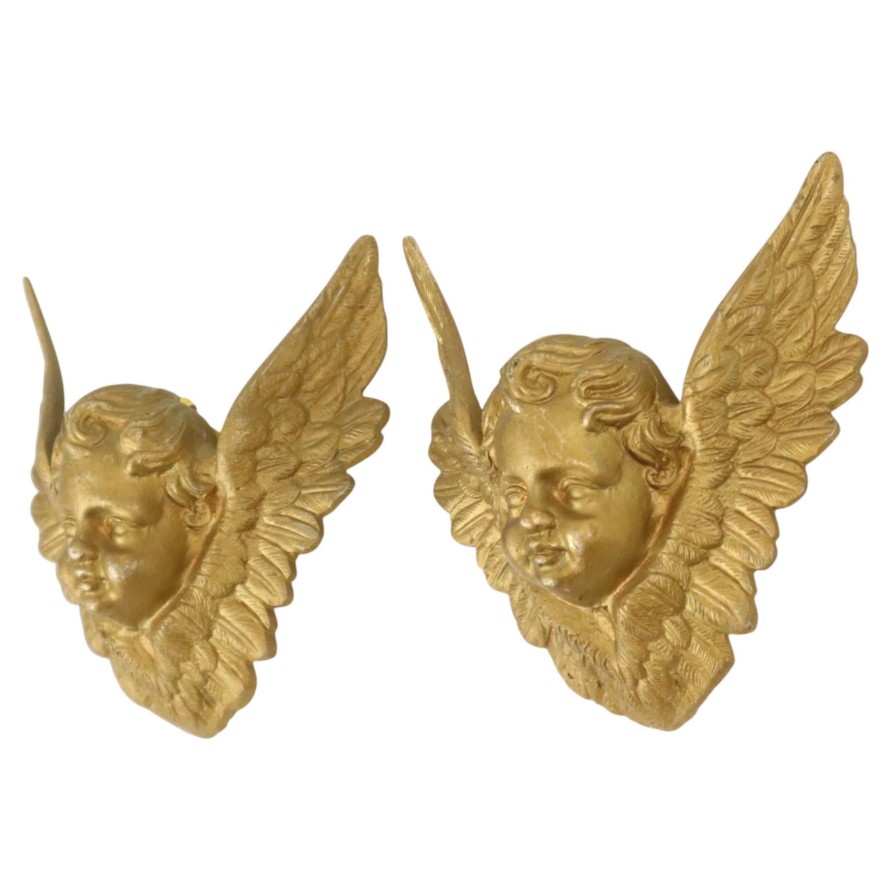 Pair of Metal Gold Plated Angel Heads with Wings Wall Decoration